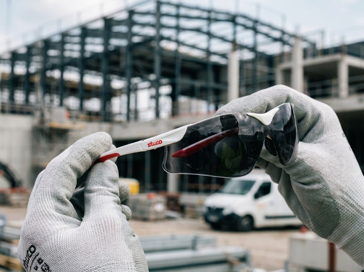 Technician inspecting safety eyewear with a company logo printed on the temple