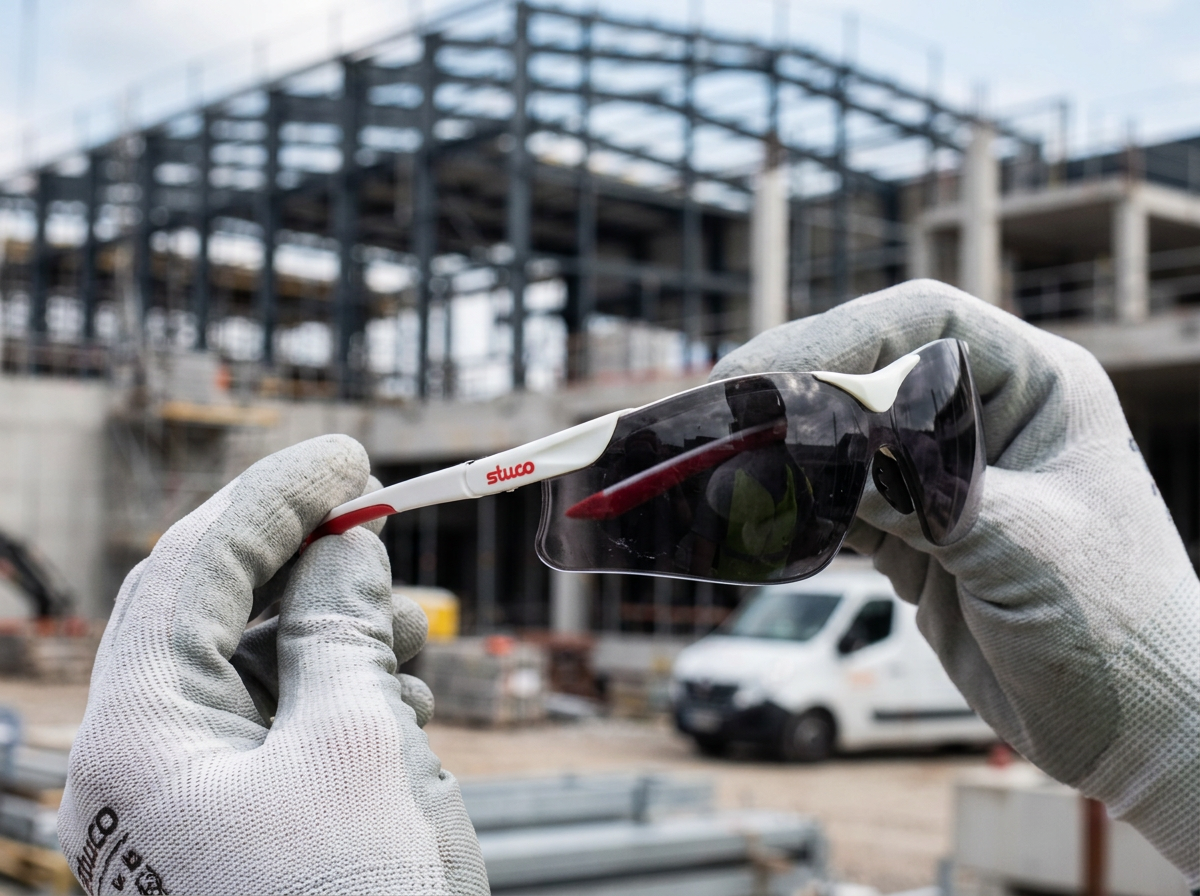 Techniker prüft eine Schutzbrille mit aufgedrucktem Firmenlogo am Bügel