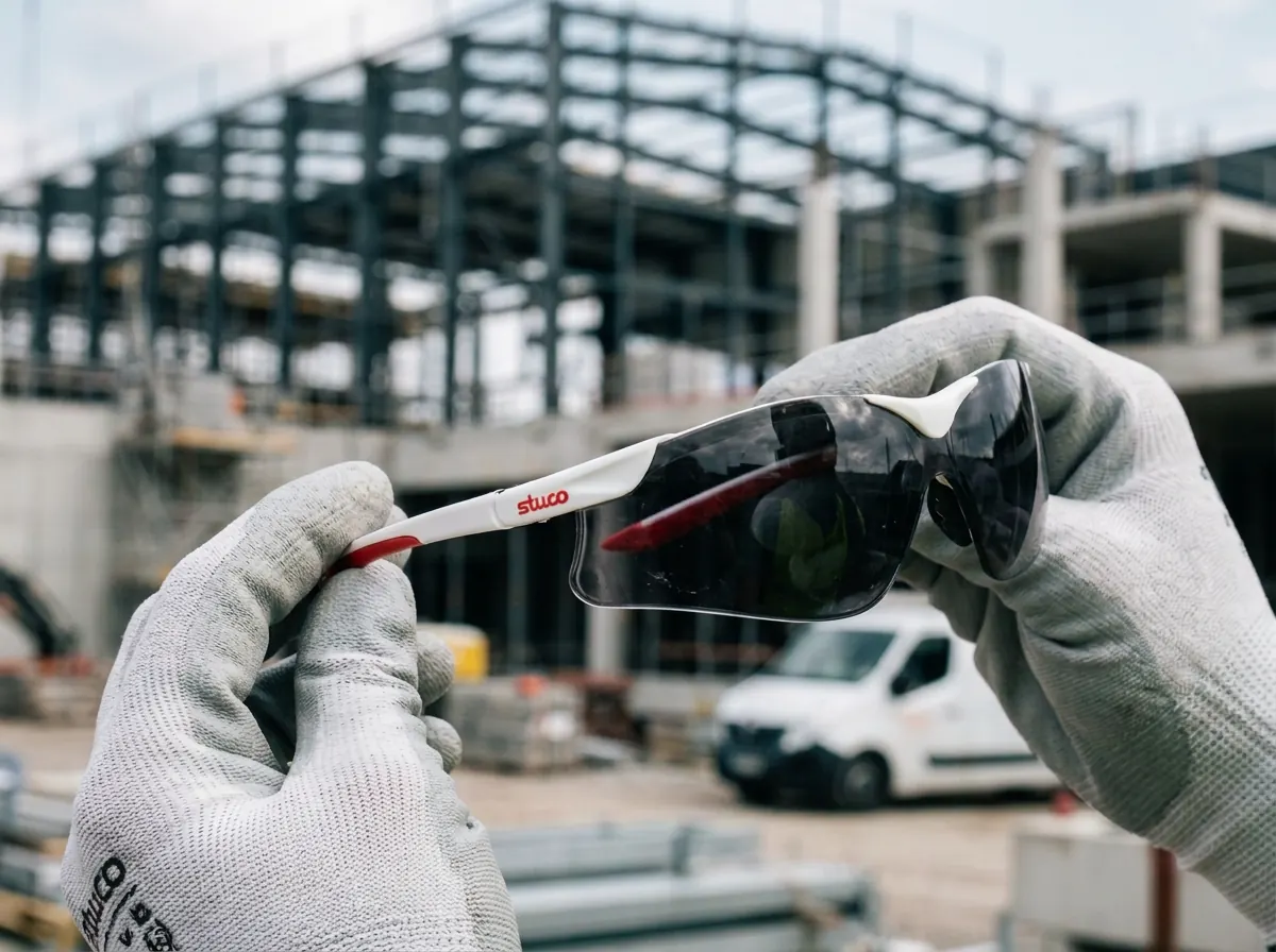 Techniker prüft eine Schutzbrille mit aufgedrucktem Firmenlogo am Bügel