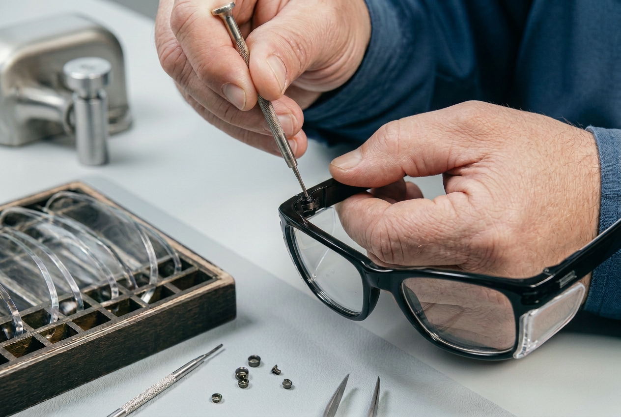 Technician adjusting prescription safety eyewear with precision tools