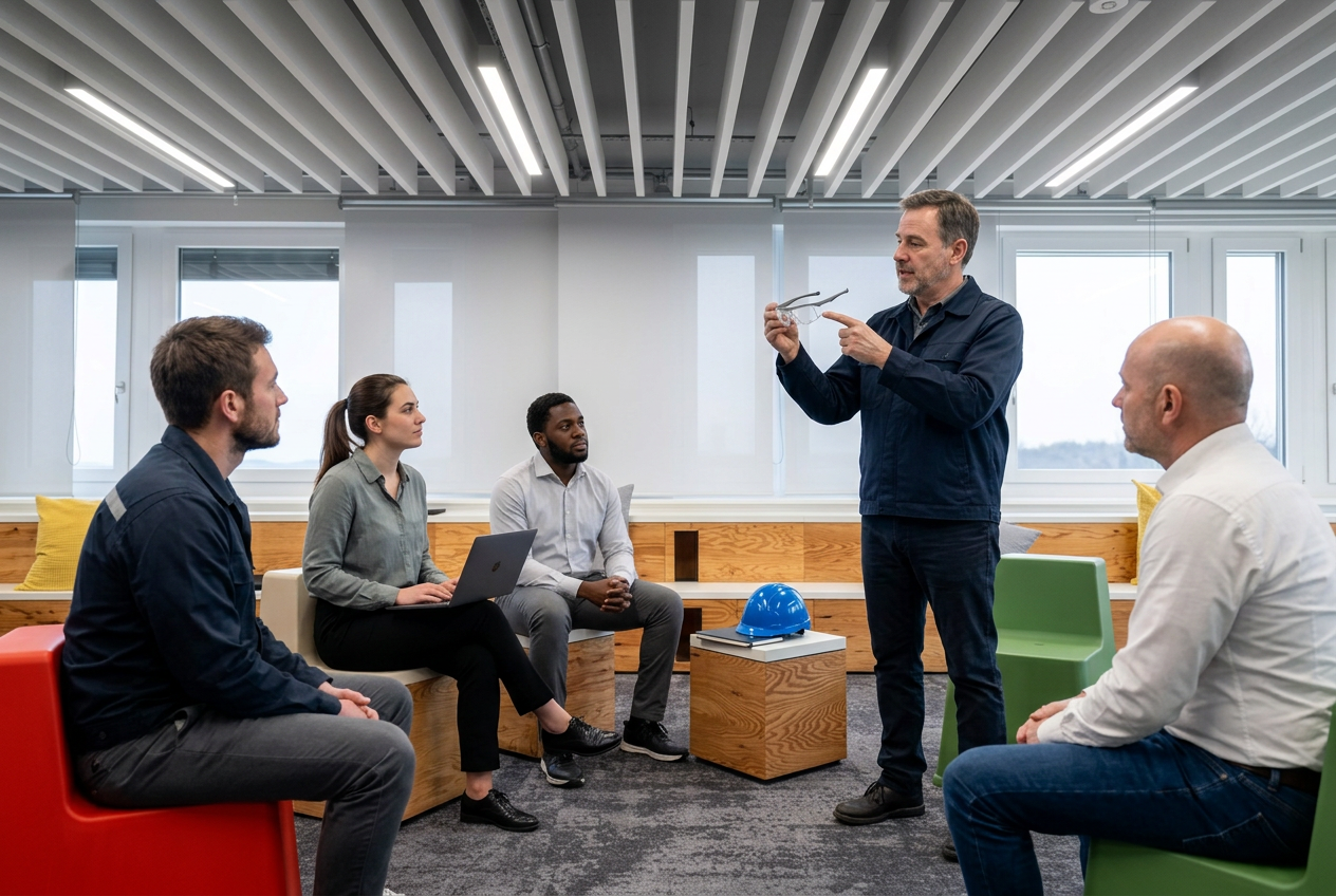 Trainer erklärt einer Gruppe Mitarbeitender die richtige Verwendung von Schutzbrillen