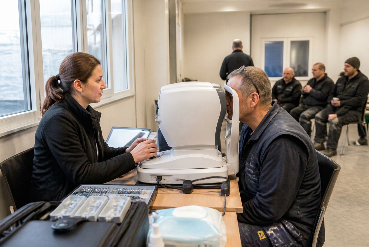 Mobile Optikerin führt in einem Betriebsraum einen Sehtest mit einem Mitarbeitenden durch