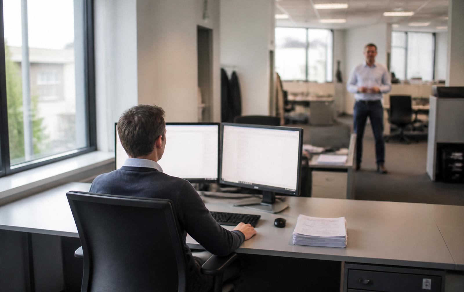 Arbeitsplatz mit zwei Monitoren, Dokumenten und einer Kollegin im Hintergrund