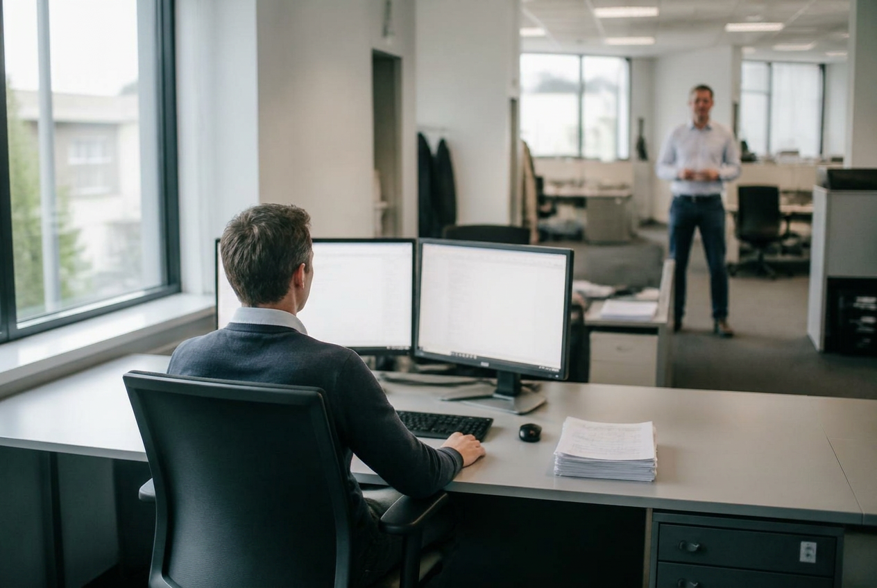 Arbeitsplatz mit zwei Monitoren, Dokumenten und einer Kollegin im Hintergrund