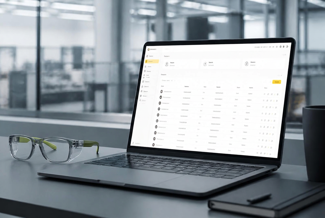 Laptop mit der digitalen Übersicht von UNICO Connect neben einer industriellen Schutzbrille